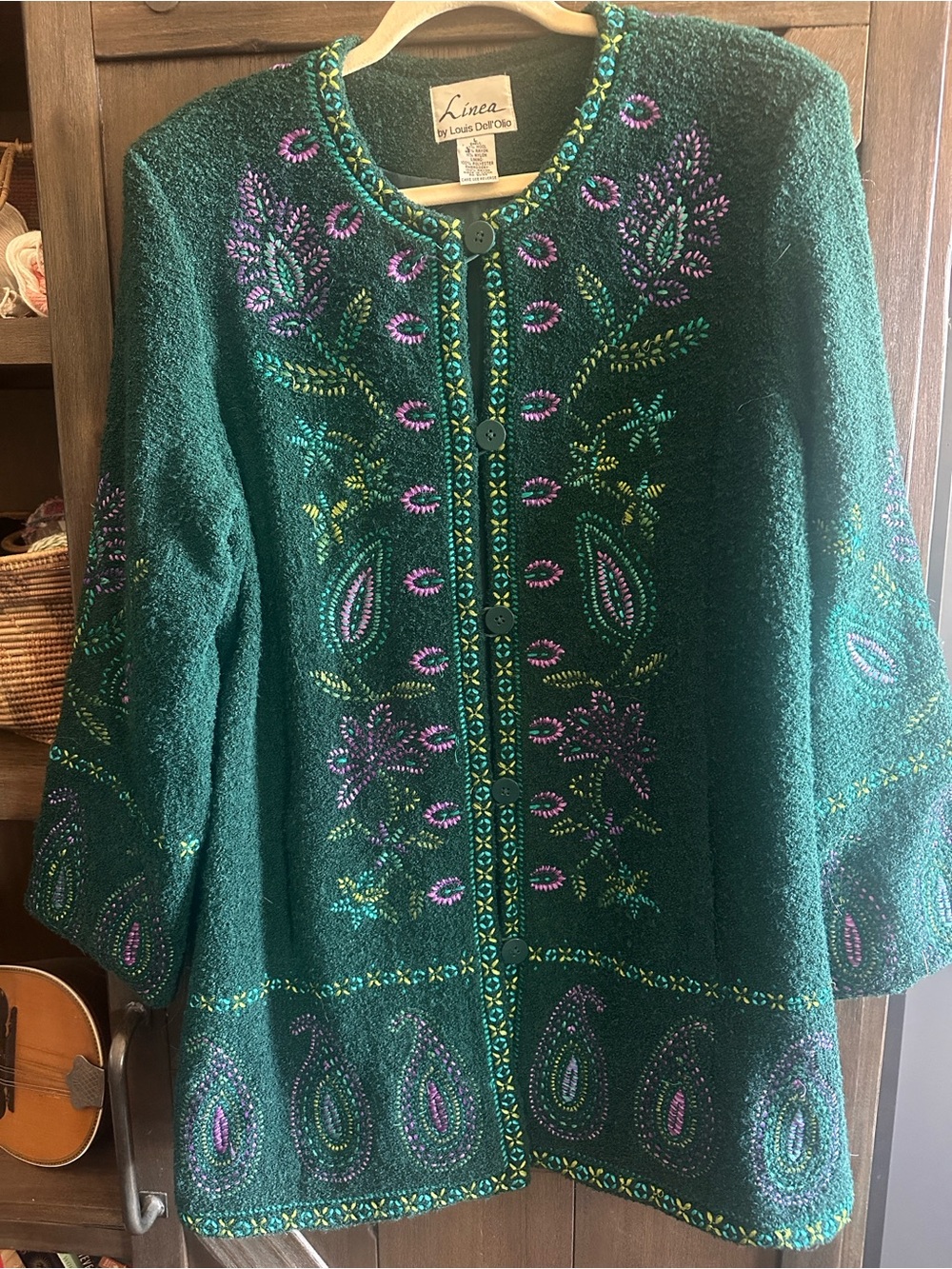 Vintage Linea by Louis Dell’Olio embroidered wool jacket. Artsy green floral